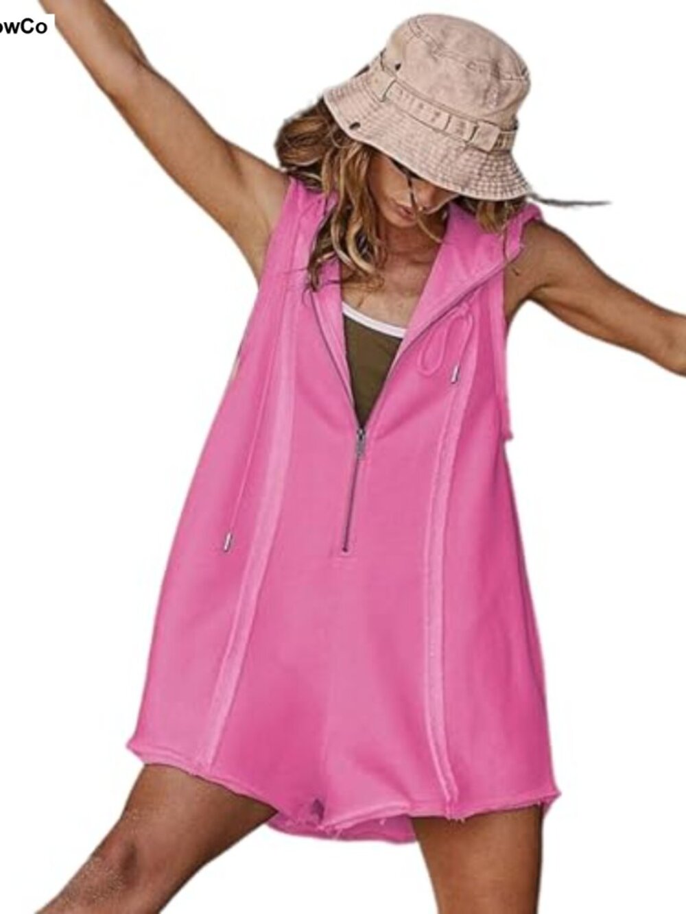 Sleeveless Hooded Zip Up Romper with Pockets
